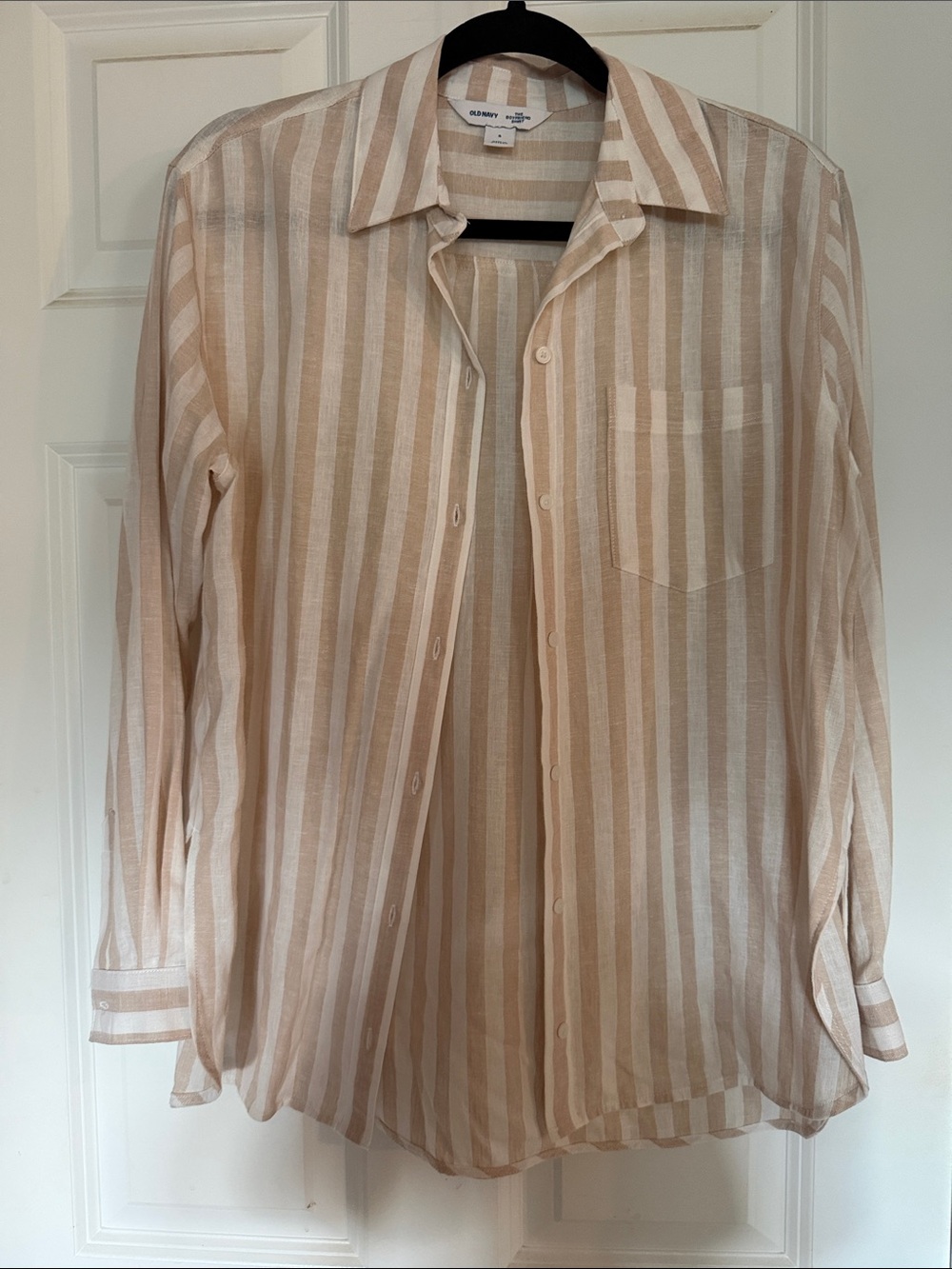 Old Navy Beige and White Vertical Stripe Button-Down Blouse